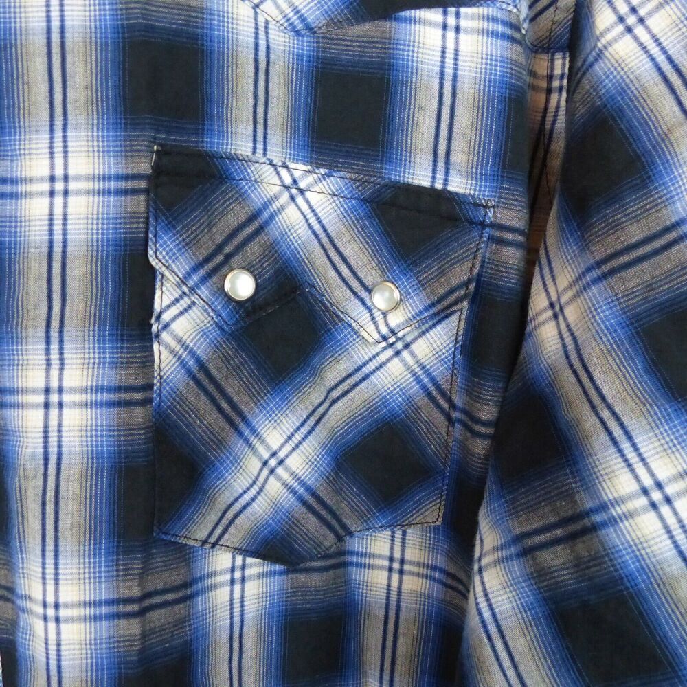 Wrangler Western Shirt Men 2XL Blue Plaid Sawtooth Pocket Pearl Snap Long Sleeve - Picture 6 of 12